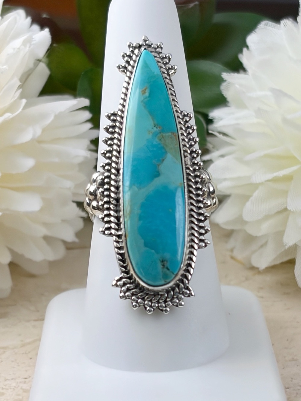 Long Sterling Silver 925 Kingman Mohave Turquoise Ring Size 7 Handmade New